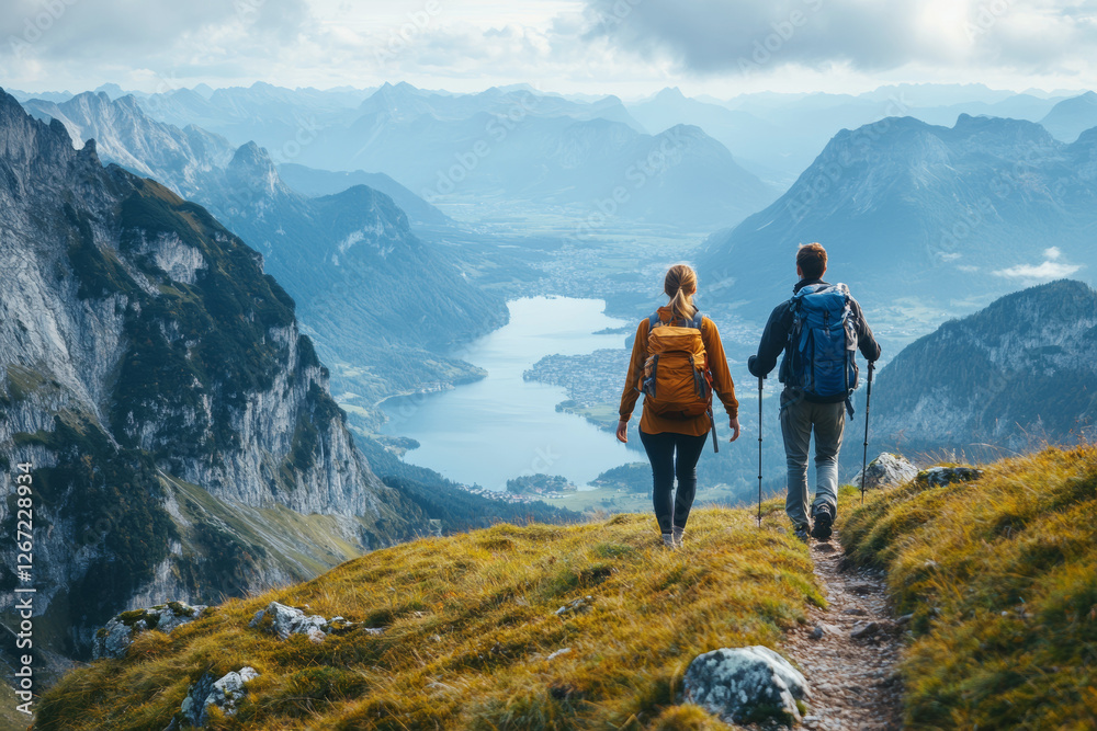 Fototapeta premium Couple Hiking on a Mountain Trail Overlooking a Serene Lake During a Cloudy Day in Switzerland