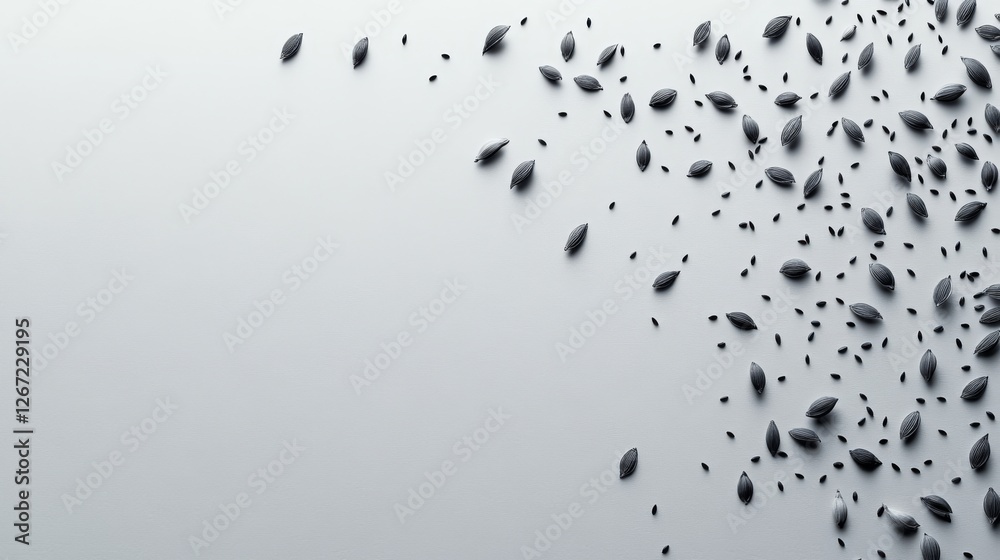 Scattered black seeds on a gradient white surface create texture Scattered black seeds on a gradient white surface create texture