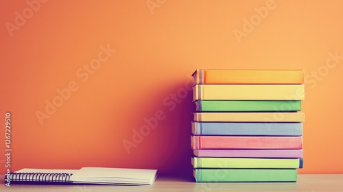 A stack of colorful travel guidebooks and a notebook on a warm orange background. photo