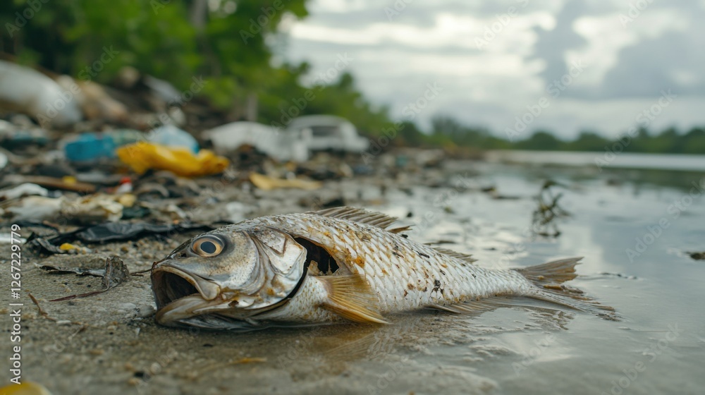 Fototapeta premium Polluted Beach with Fish Washed Up on the Shore
