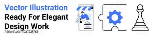 Smartphone with online store, gear puzzle piece, and chess pawn symbolizing creativity, strategy, and leadership. Ideal for business, e-commerce, innovation, planning teamwork management flat