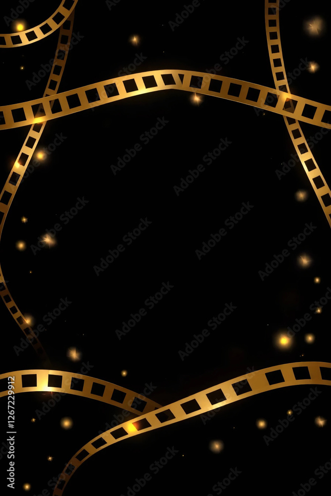 Naklejka premium Dark background adorned with golden and black film strips that elegantly curve around the edges