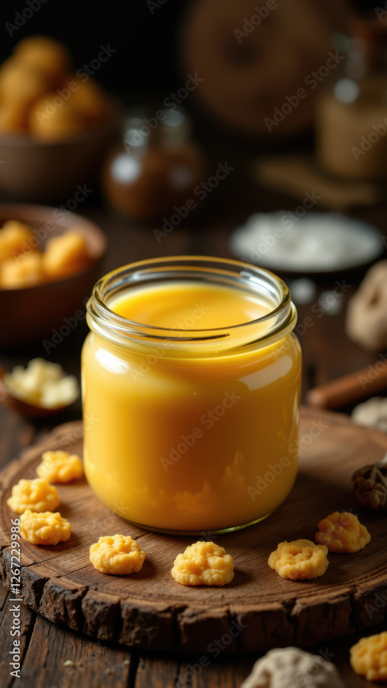 A jar of beef tallow with roasted garlic pieces on a wooden board, set against a rustic kitchen backdrop. A jar of beef tallow with roasted garlic pieces on a wooden board, set against a rustic kitchen backdrop.