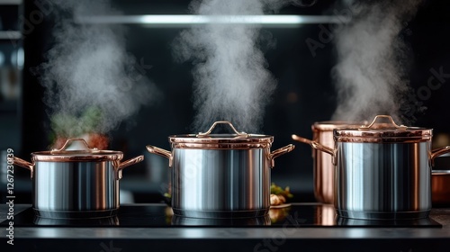 Three sleek pots are seen emitting steam in a modern kitchen, creating a warm and inviting atmosphere that showcases culinary creativity and innovation. photo