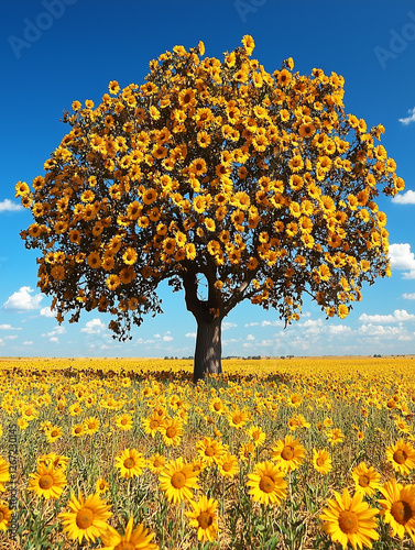 A tree covered in bright yellow sunflowers stands against a blue sky with more sunflowers in the field below.