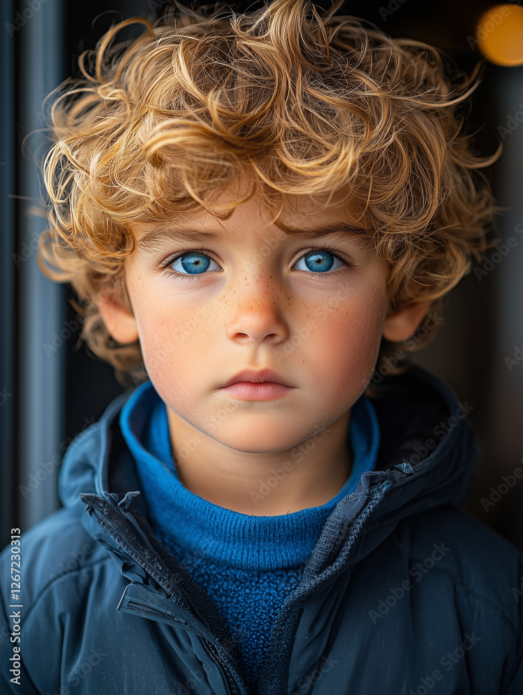 A boy with curly blonde hair and bright blue eyes looks thoughtfully at the camera in a winter jacket. A boy with curly blonde hair and bright blue eyes looks thoughtfully at the camera in a winter jacket.