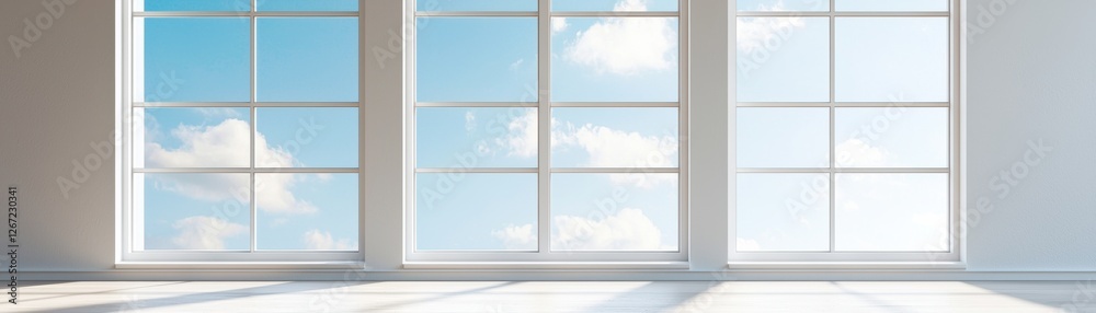 Naklejka premium Bright and Airy Room with Large Windows Overlooking Blue Sky and White Clouds in Minimalist Style Interior Space