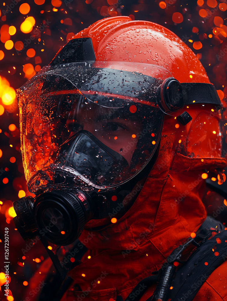 A firefighter wearing an orange suit and helmet, with droplets of water on the visor and glowing embers in the background. A firefighter wearing an orange suit and helmet, with droplets of water on the visor and glowing embers in the background.