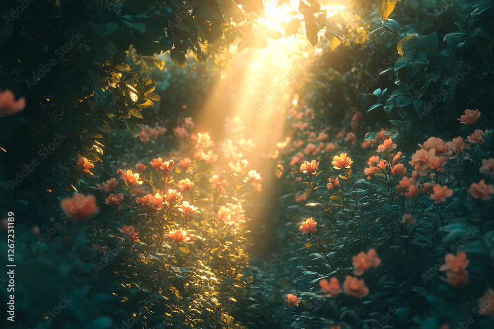 Obraz premium Sunlit Floral Path, A Serene Walk Through a Dreamy Flower Garden