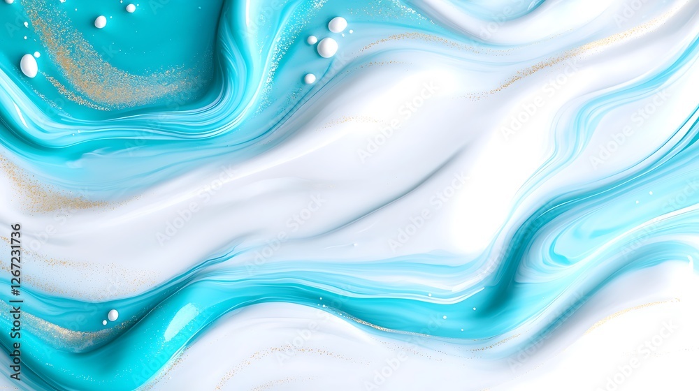 Naklejka premium Abstract Fluid Texture with Oceanic Blue Green and White Swirls Waves Background Art Design Pattern Marble Liquid Color Backdrop Illustration