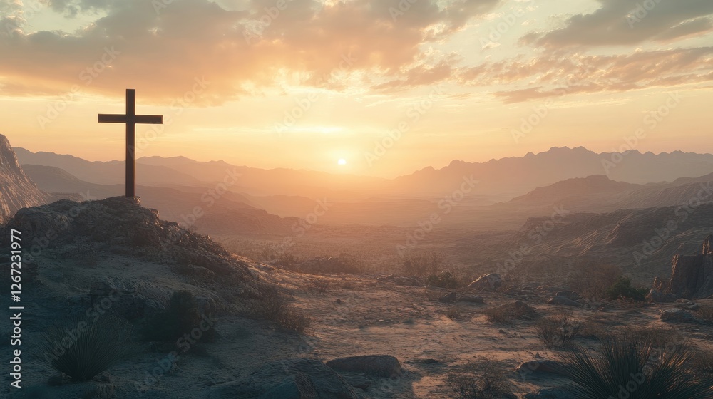 Fototapeta premium A vast desert with a solitary cross standing in the distance under a dramatic sky.