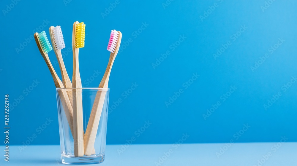 Colorful toothbrushes in a glass against a vibrant blue background