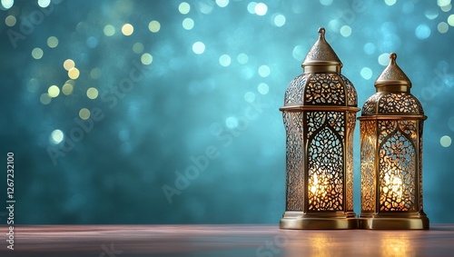 Two Ornate Lighted Ramadan Lanterns on Wooden Table Teal Background