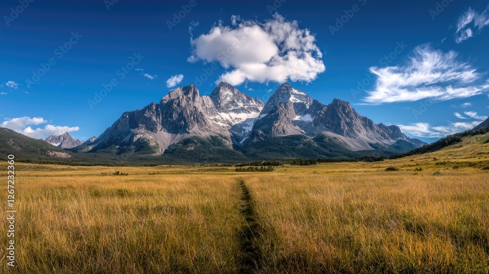 Majestic mountain range, golden meadow path, sunny day, scenic landscape, travel photography Majestic mountain range, golden meadow path, sunny day, scenic landscape, travel photography