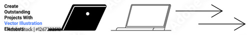 Laptop transitioning from a minimalist to detailed representation with arrows indicating process flow and direction. Ideal for technology, innovation, progress, productivity, teamwork, digital