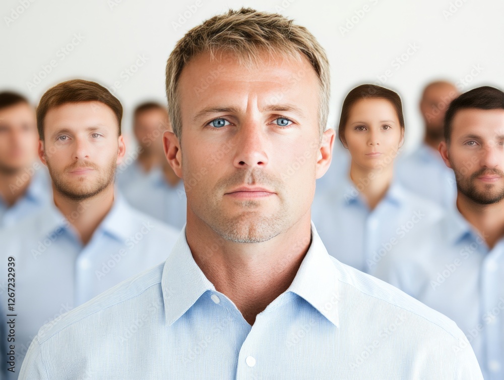 Serious businessman in corporate setting surrounded by blurred colleagues symbolizing leadership individuality personal growth and determination in competitive professional world Serious businessman in corporate setting surrounded by blurred colleagues symbolizing leadership individuality personal growth and determination in competitive professional world