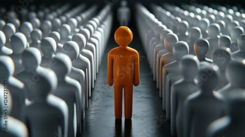 Single orange figure standing out among monochrome crowd symbolizing individuality uniqueness leadership personal identity and breaking the norm in a structured social setting photo