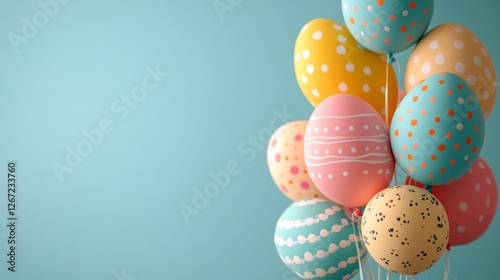 Colorful Easter eggs arranged with balloons create a festive atmosphere for celebration
