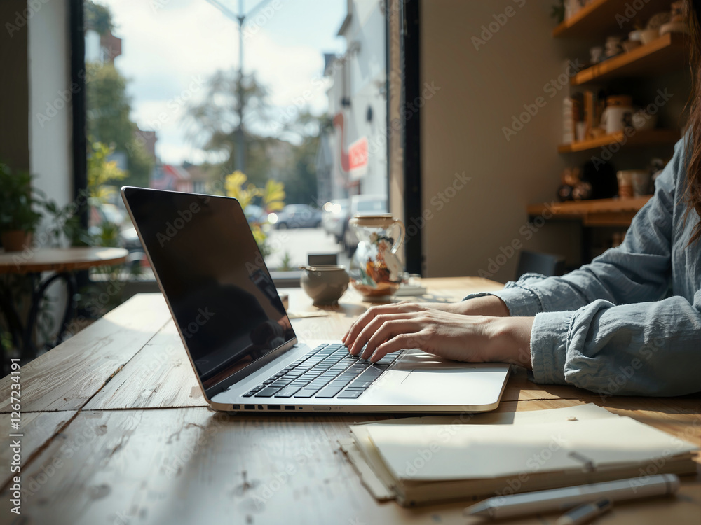 Cozy Cafe Workspace with Laptop and Natural Light for Remote Work and Creativity Cozy Cafe Workspace with Laptop and Natural Light for Remote Work and Creativity