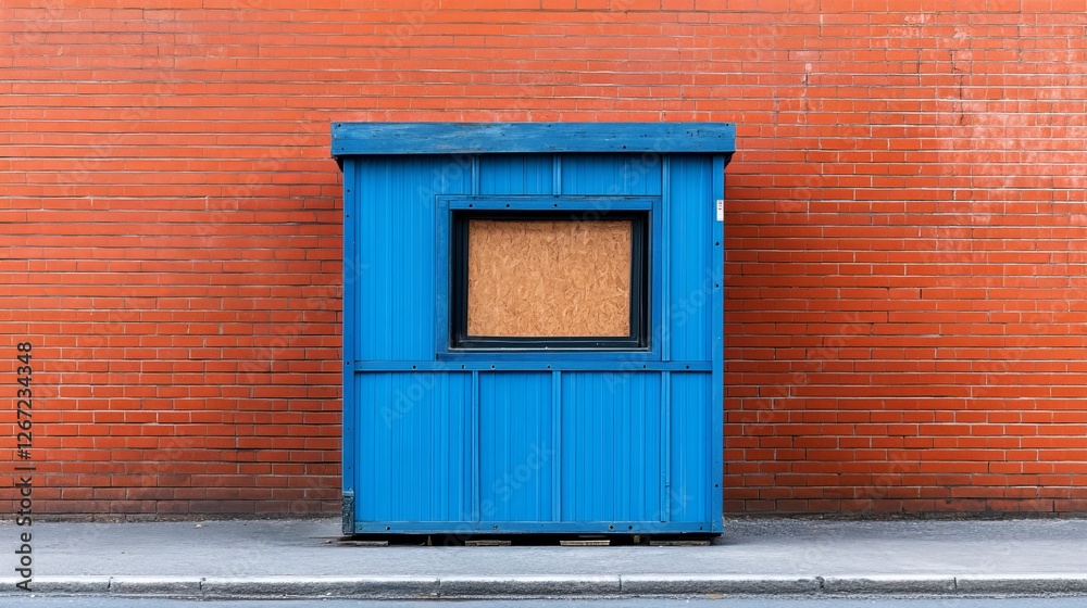 Fototapeta premium A segment of a construction change house--a temporary blue structure used by builders--positioned beside a brick wall, emphasizing the concept of selling portable change houses