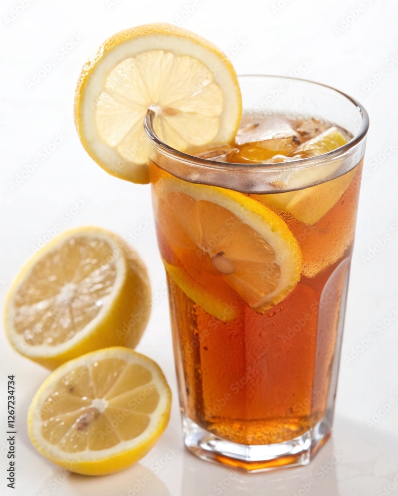 Tea with yellow lemon flavour in glass on isolated white background for your business food needs Tea with yellow lemon flavour in glass on isolated white background for your business food needs