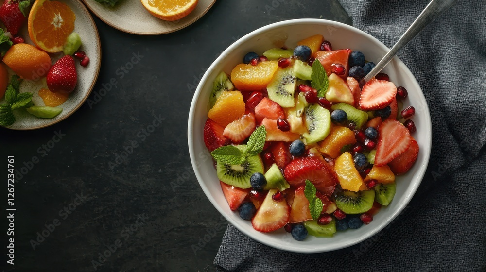 Delicious fruit salad bowl, kitchen setting Delicious fruit salad bowl, kitchen setting