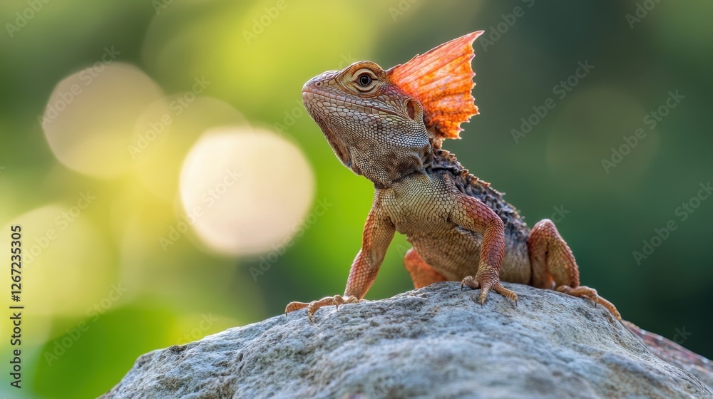 Frilled lizard basking in golden sunlight on a rock, its frill partially open in a relaxed pose Frilled lizard basking in golden sunlight on a rock, its frill partially open in a relaxed pose