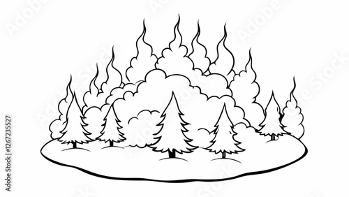 Illustration of a forest engulfed in flames and smoke, depicting wildfires and environmental threats