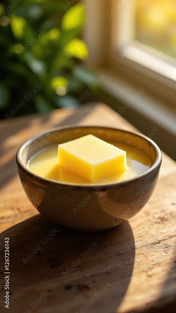 Bowl of beef tallow with sunlight shining on it, sitting on a wooden table by a window. Bowl of beef tallow with sunlight shining on it, sitting on a wooden table by a window.