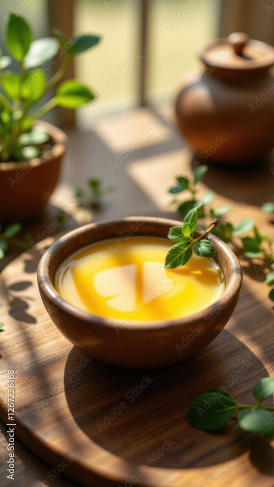 Bowl of golden yellow beef fat with a small sprig of rosemary on top, next to two clay jars containing additional liquid and herbs. Bowl of golden yellow beef fat with a small sprig of rosemary on top, next to two clay jars containing additional liquid and herbs.