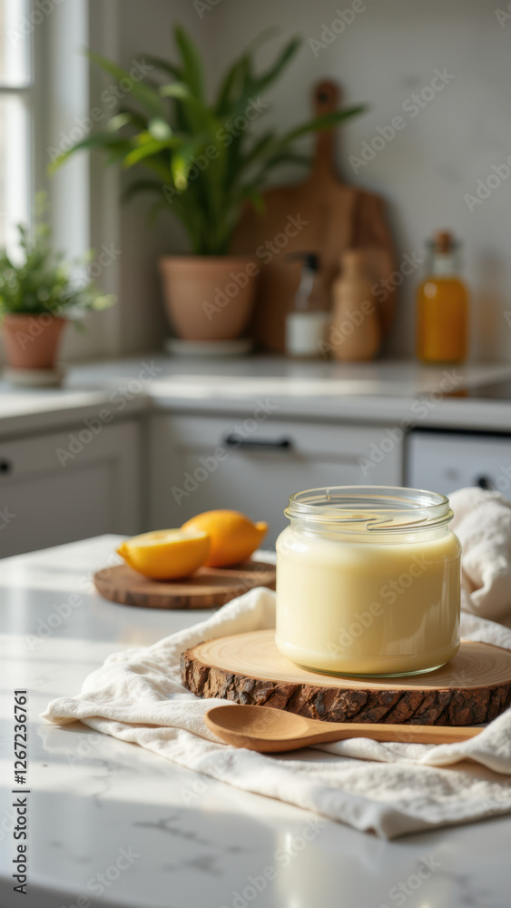 A jar of homemade beef tallow with a wooden block and cut lemons on a kitchen countertop. A jar of homemade beef tallow with a wooden block and cut lemons on a kitchen countertop.