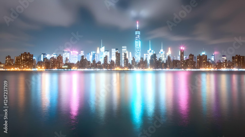 Night cityscape, vibrant skyline reflected in calm water, urban background, ideal for travel brochures