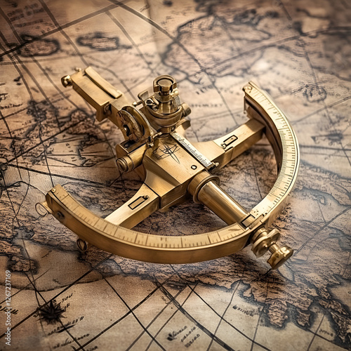 Antique brass sextant, vintage and detailed, resting on an old world map, exploration concept