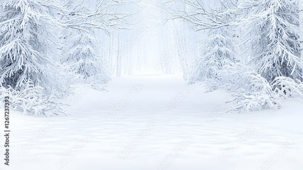 Fototapeta premium Snowy path through winter forest, misty background, winter wonderland, ideal for holiday cards