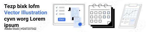 Invoice with payment button, a calendar with dates, and a performance chart on a clipboard. Ideal for finance, scheduling, productivity, management, accounting, administration abstract line flat