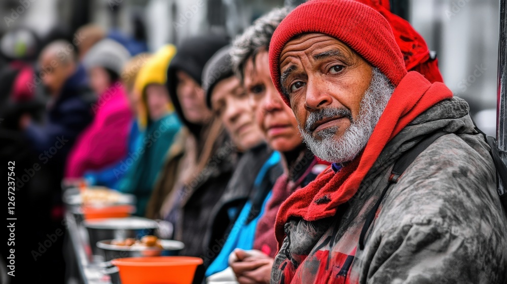 A line of people waiting for free food at a soup kitchen, emotional and impactful, A line of people waiting for free food at a soup kitchen, emotional and impactful,