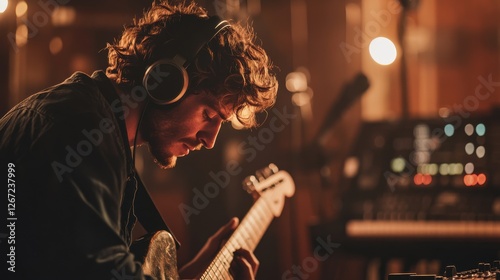 Focused male musician playing guitar in recording studio with headphones
