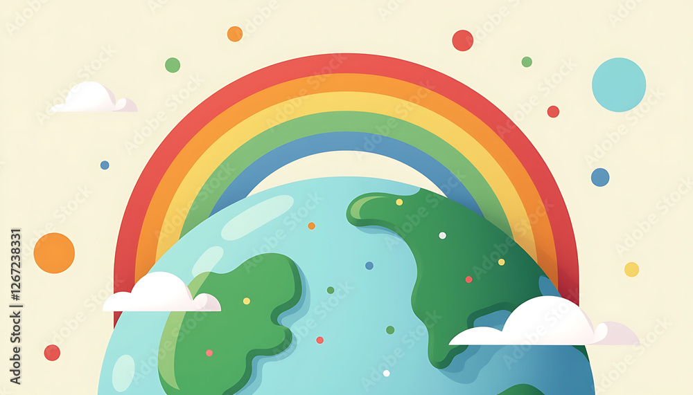 Naklejka premium Colorful illustration of Earth with rainbow and clouds