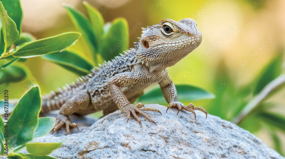 Frilled lizard emerging from behind thick foliage, stepping onto an open rock Frilled lizard emerging from behind thick foliage, stepping onto an open rock