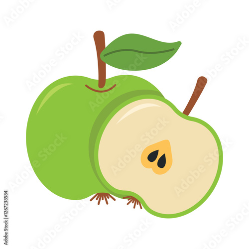 Green apple with a sliced half illustration.  Flat vector illustration of a whole green apple with a sliced half, showing seeds and a leaf, isolated on a white background