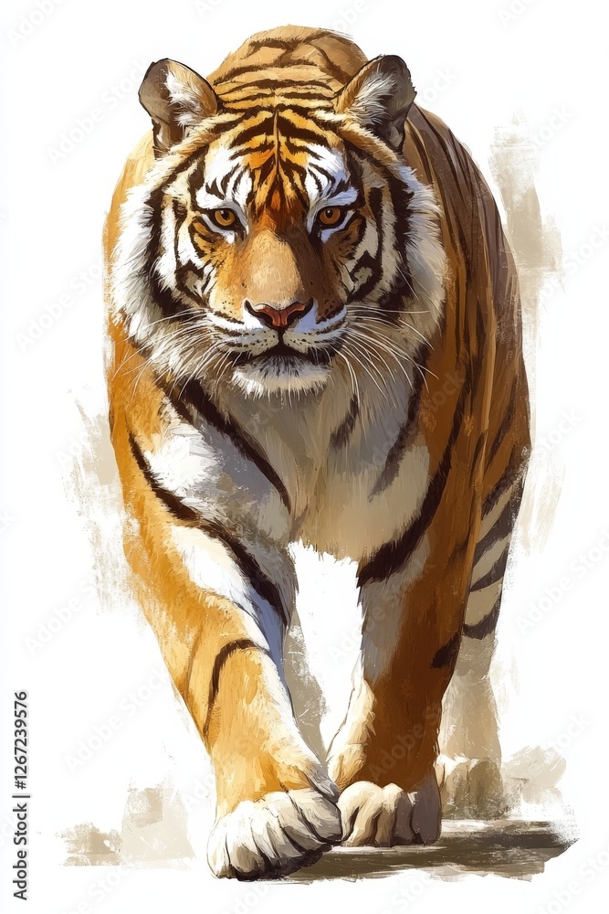 Fototapeta premium Majestic Bengal tiger walking forward with piercing gaze capturing wild power natural dominance and the essence of untamed beauty