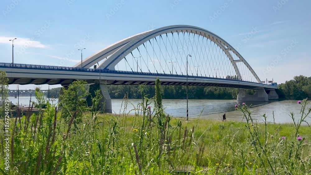 Bratislava, Bratislava Region, Slovak Republic - 09.07.2024: A sunny day in a modern park with freshly planted trees, vibrant green grass, and a white arched bridge over a calm river in the background