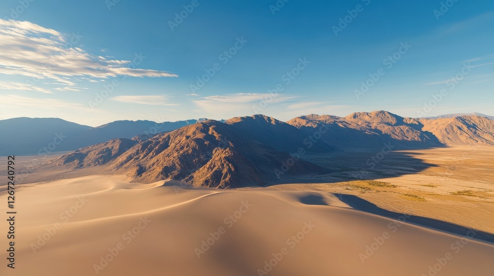 Naklejka premium Majestic desert landscape with sand dunes and rugged mountain range under blue sky