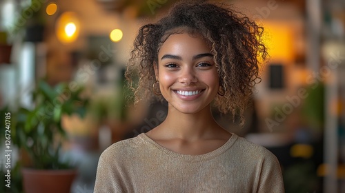 A captivating portrait of a young woman exuding confidence and joy, highlighting the beauty of genuine moments that shine through in a warm, inviting environment. photo