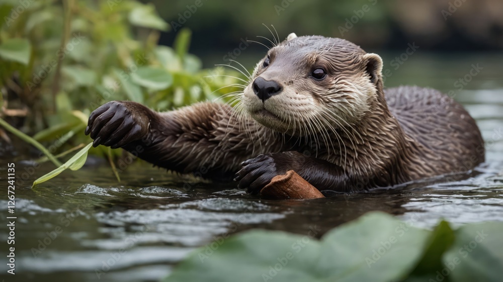 A playful otter swimming in a serene water environment, interacting with its surroundings. A playful otter swimming in a serene water environment, interacting with its surroundings.