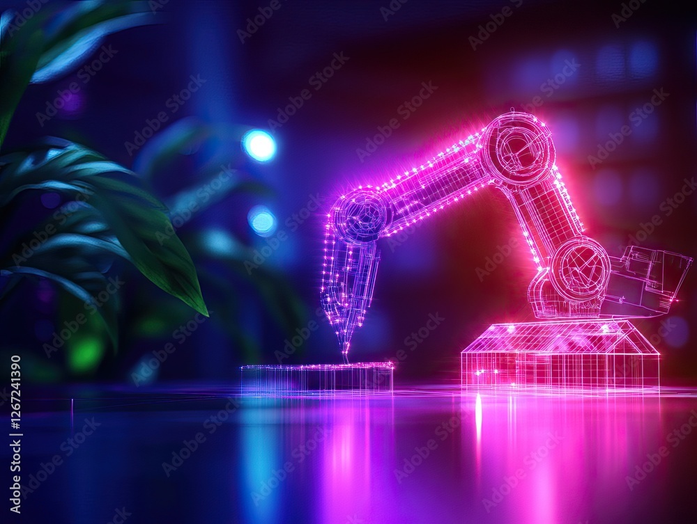 A futuristic robotic arm in neon colors interacts with a digital environment, surrounded by plants, showcasing advanced technology and innovation. A futuristic robotic arm in neon colors interacts with a digital environment, surrounded by plants, showcasing advanced technology and innovation.