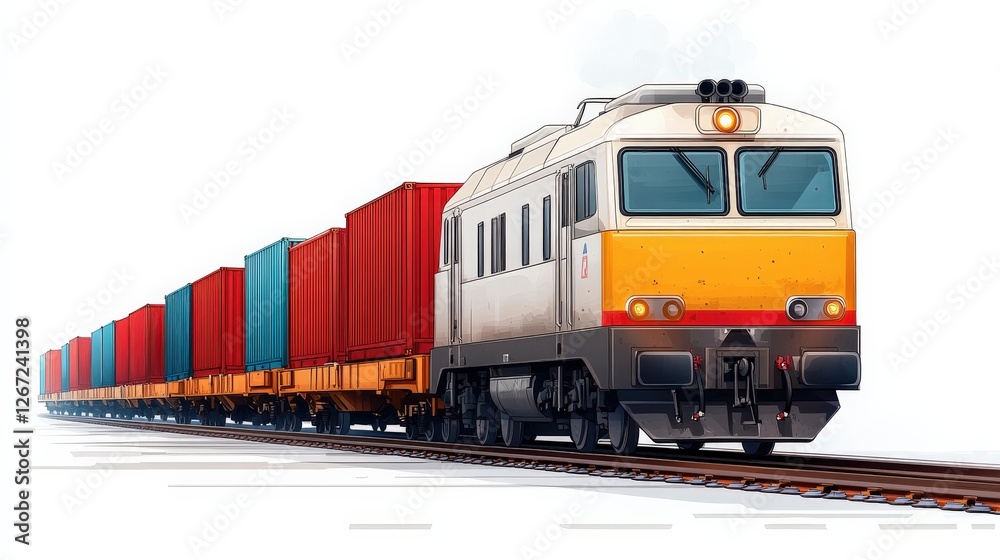 Obraz premium Freight train transporting colorful containers along railway tracks in a minimalist setting