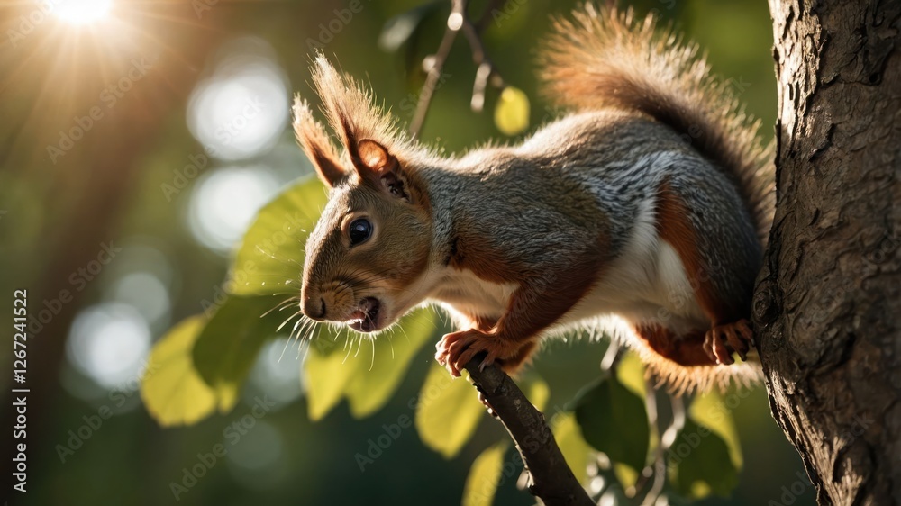 A squirrel perched on a tree branch, illuminated by sunlight in a natural setting. A squirrel perched on a tree branch, illuminated by sunlight in a natural setting.