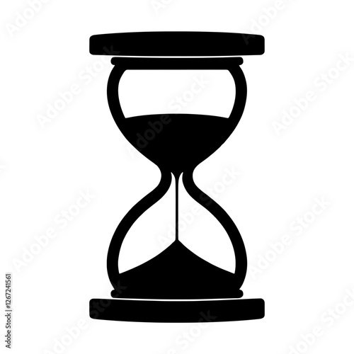 Minimalist black silhouette of an hourglass with flowing sand on a white background