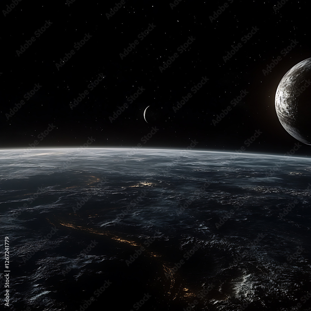 A Distant Planetary View with a Crescent Moon and Another Celestial Body in Outer Space Vista